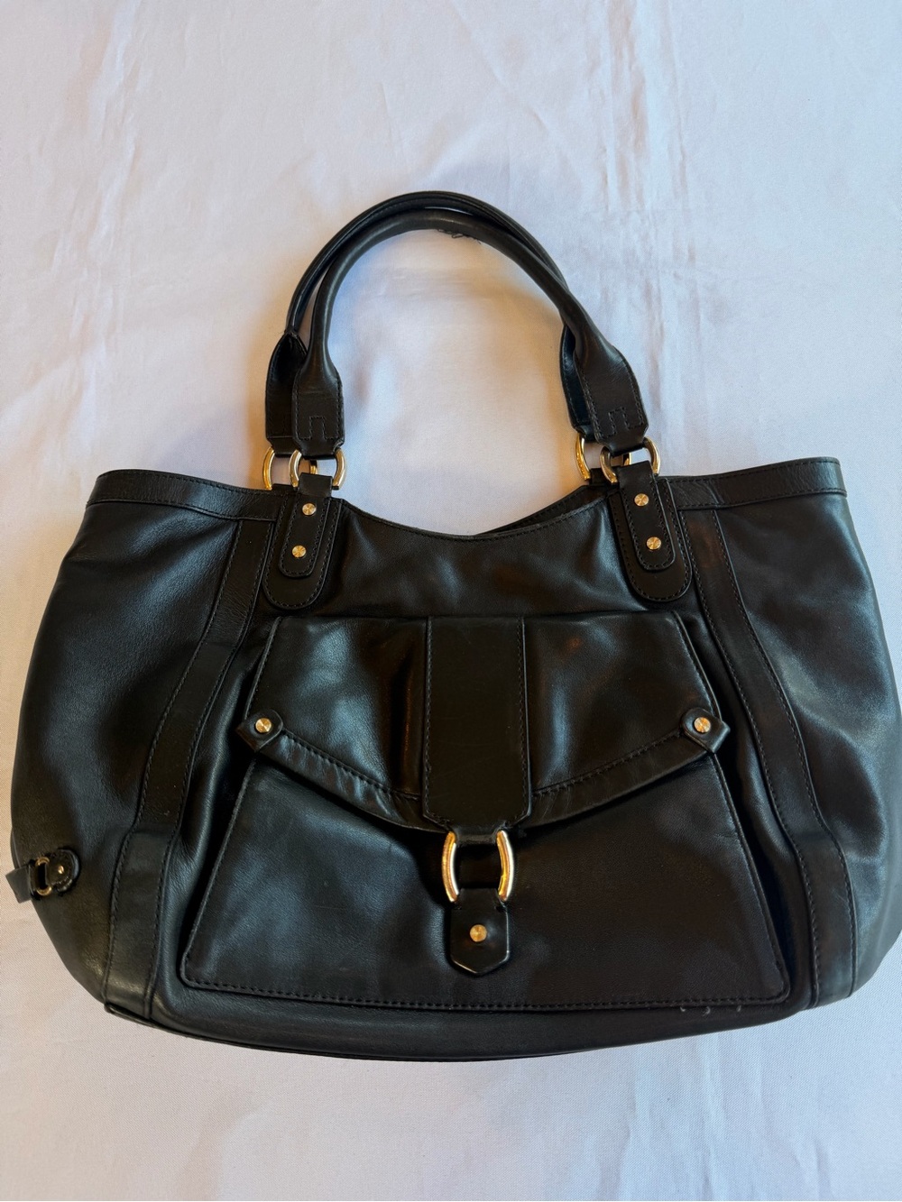Cole Haan Black Calf Leather Tote with Gold Tone Hardware Front Pocket